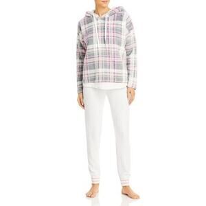 Aqua Women Pastel Grey/Pink Plaid Flaffy Fleece Warm Lounge Relax Hoodie Size S